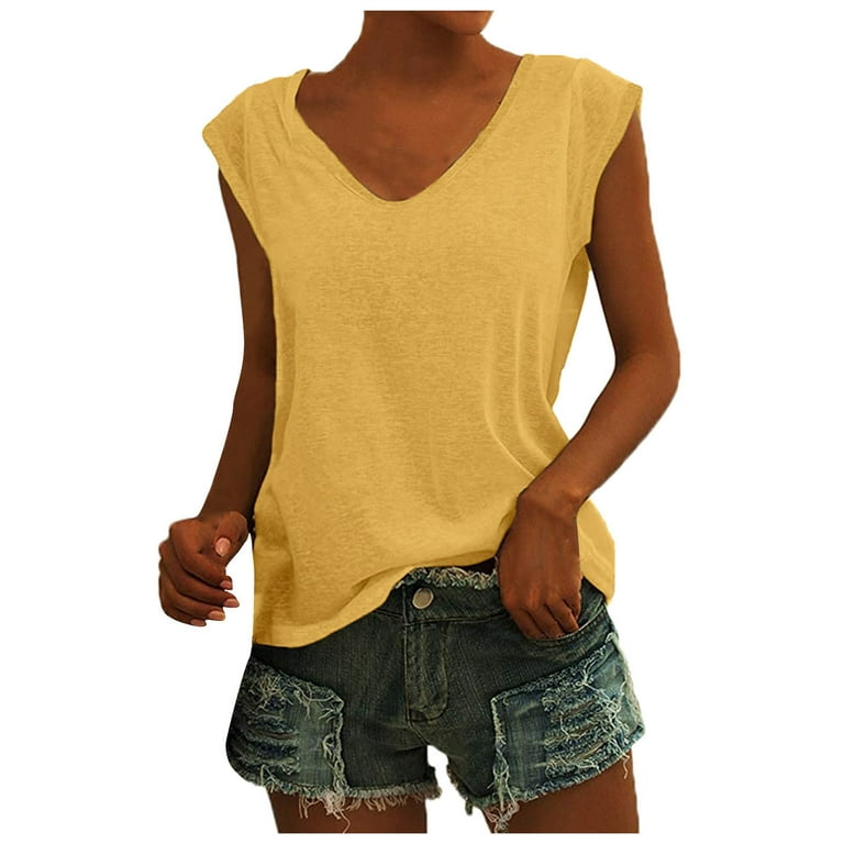 Leylayray Women's Casual V Neck Short Sleeve Soild Basic Crop Top T-Shirt  Yellow XXL(Buy 2 Get 1 Free)