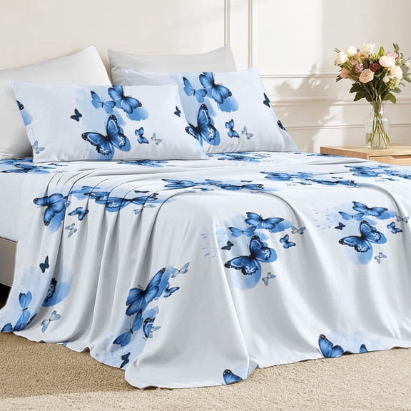 Flymme Blue Butterfly Queen Sheet Set, 4 Pieces Soft Bedding Queen Sheet Set,Breathable and Cooling Sheets for Bedroom Guest Rooms,Dorms