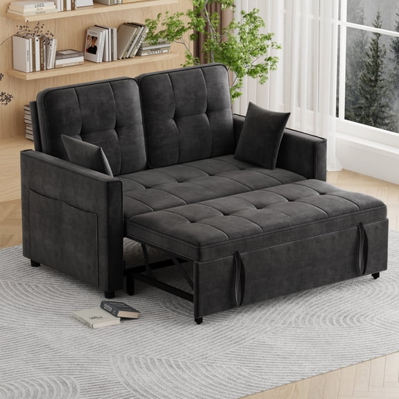 Convertible Sofa Bed,3-in-1 Sleeper Sofa with Pull Out Bed,Velvet Couch with Adjsutable Backrest and 2 Pillows for Living Room,Black
