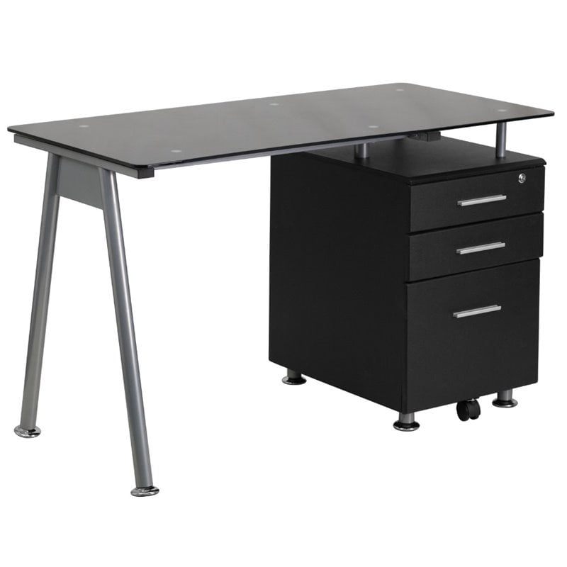 Flash Furniture Black Glass Computer Desk With 3 Drawer Pedestal