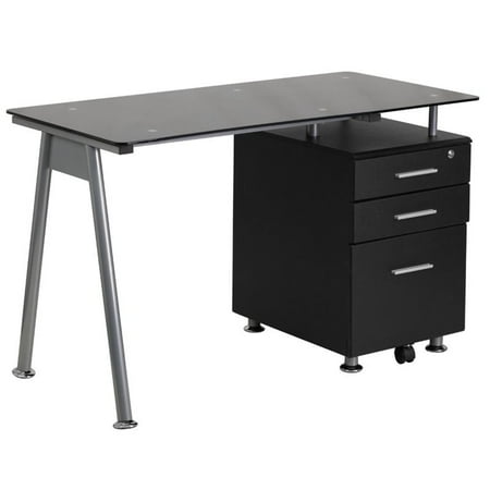 Flash Furniture Black Glass Computer Desk With 3 Drawer Pedestal