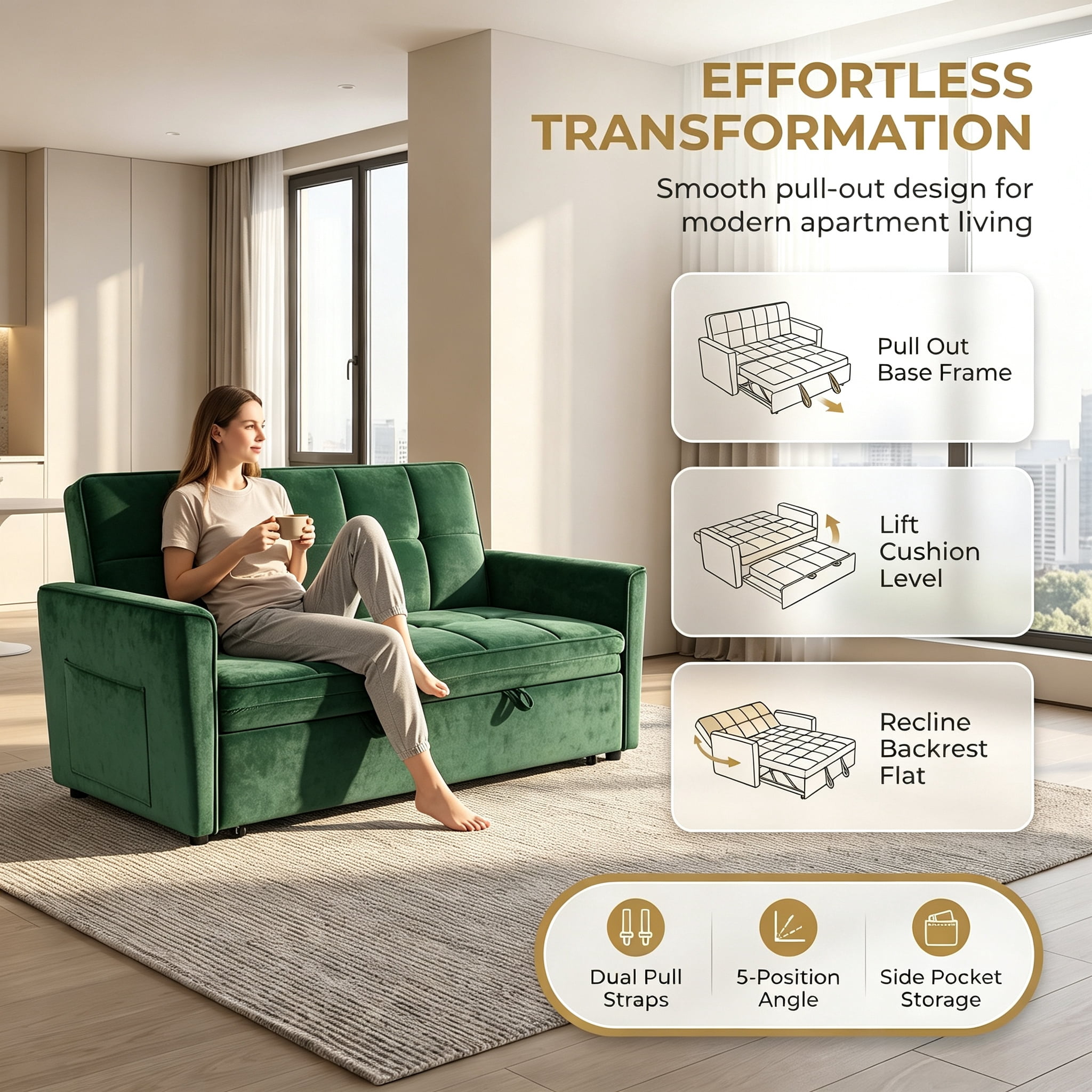 54" Convertible Sleeper Sofa Bed, Modern Velvet 3-in-1 Pull Out Loveseat Couch with 5-Position Backrest & Side Storage Pocket for Living Room, Green