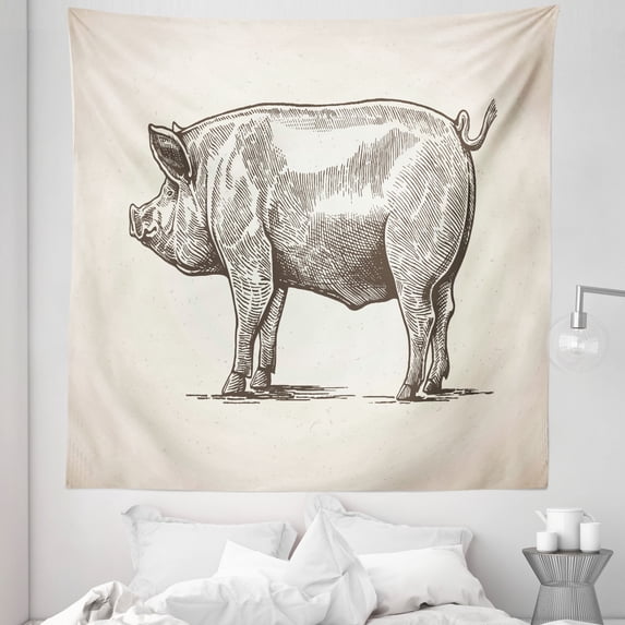 Pig Tapestry, Vintage Hand-Drawn Illustration of Pig Rural Ranch Stockbreeding Theme, Fabric Wall Hanging Decor for Bedroom Living Room Dorm, 5 Sizes, Eggshell and Dark Taupe, by Ambesonne