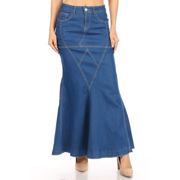 Be-Girl Women's Denim Maxi Skirt,Flared Design with Triangle Penel Details, Medium Blue Wash