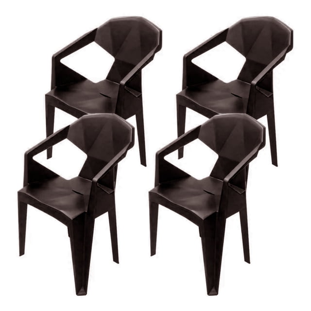 silla apilable de plástico paquete con 4 sillas, color café bergmann tokio Paquete de cuatro sillas apilables Bergmann en plástico color chocolate con respaldo integrado y apoyabrazos abiertos; vista frontal a 3/4, patas rectas y asiento hueco; dimensiones 84 cm alto x 53 cm ancho x 50 cm profundidad, carga máxima 120 kg, diseño moderno apilable hasta 20 sillas; adecuada para patio, jardín, comedor o uso comercial; a menudo se usan también para eventos temporales y terrazas.