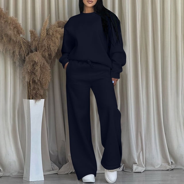 Ounisa Women 2 Piece Set, Solid Long Sleeved Sweatshirt Set, Elastic High Waist Loose Jogger Pants with Pocket Crew-Neck Long-Sleeved Trousers