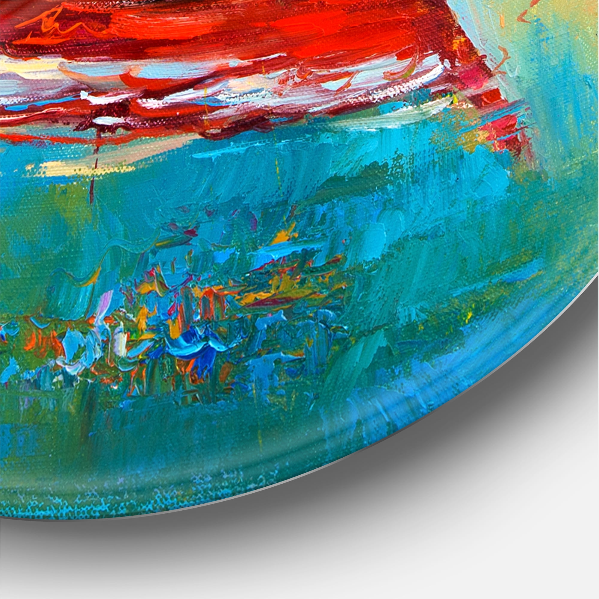 Designart 'Two Red Boats During Sunset In Lake' Nautical & Coastal Circle Metal Wall Art 29x29 - Disc of 29