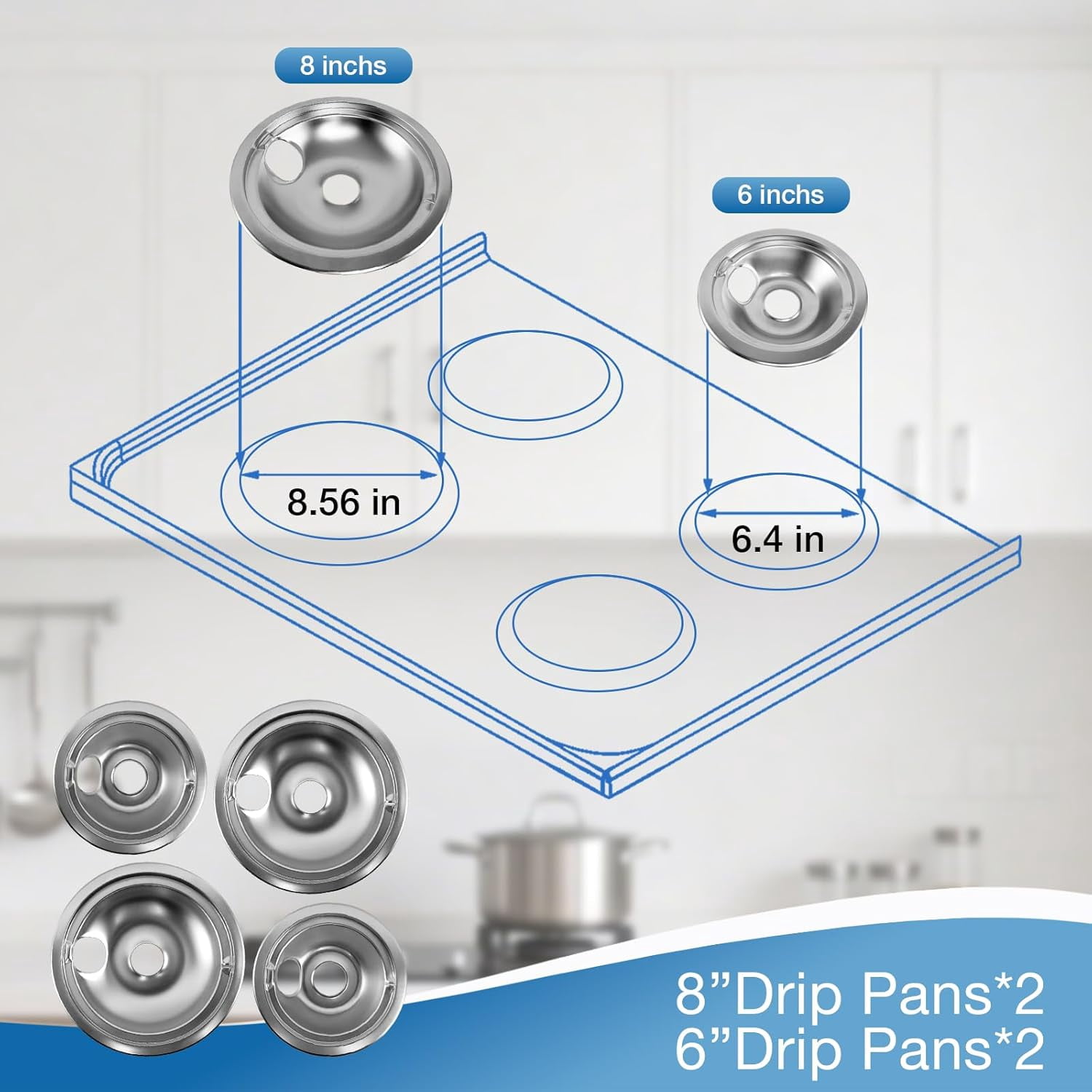 WB31T10010 WB31T10011 Chro e Drip Pans Set (4 Pack) - 2x6" & 2x8" Replace ent for , Hotpoint, Ken ore Electric Stoves with Locking Slot - Chro e Plated Steel Burner Bowls