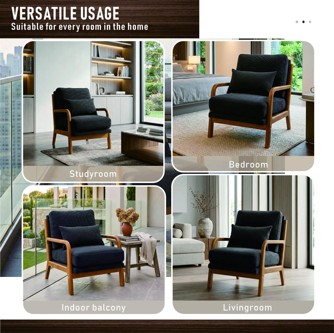 Homy Casa Mid-Century Modern Reading Chair, Upholstered Accent Armchair with Wood Frame, Dark Gray
