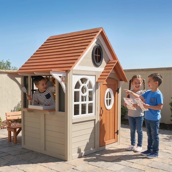 Qaba Outdoor Playhouse, Wooden Kids Playhouse with Dog Door, Cookware, Blackboard, Clock, Tic-Tac-Toe Roller for Backyard Imaginative Play, Gray