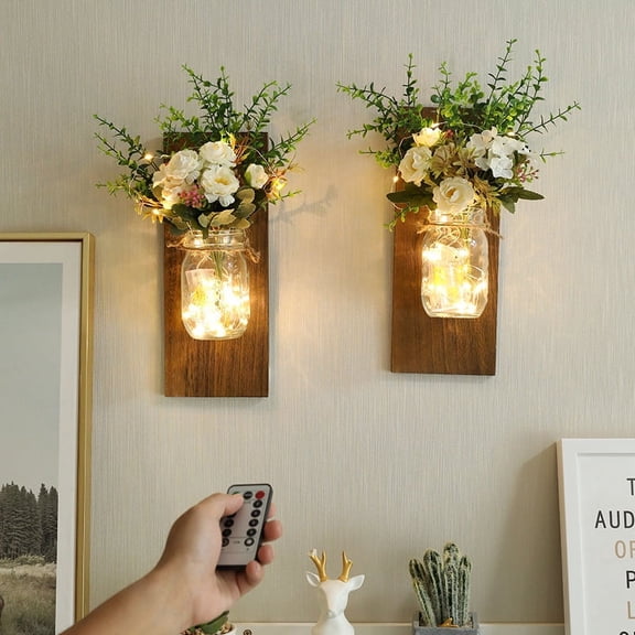 Jar Sconces Wall Decor - Rustic Wall Sconces - with Remote Timer LED Fairy Lights for Kitchen Home Décor Living Room Wall Lights Set of 2