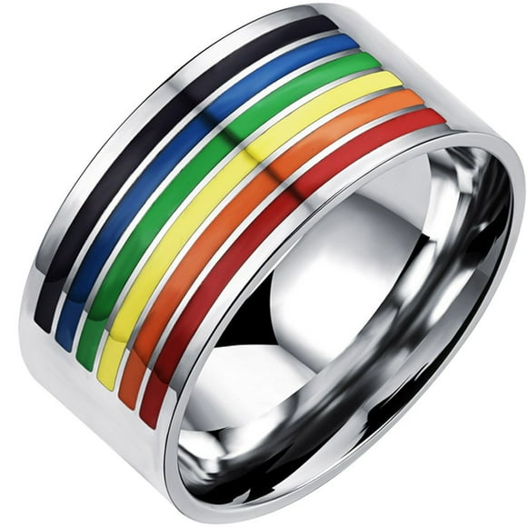 MENSO Bague Classique en Acier Inoxydable à Rayures Arc-en-Ciel pour Hommes et Femmes Couples Mariage Bandes Colorées Argent Taille 12