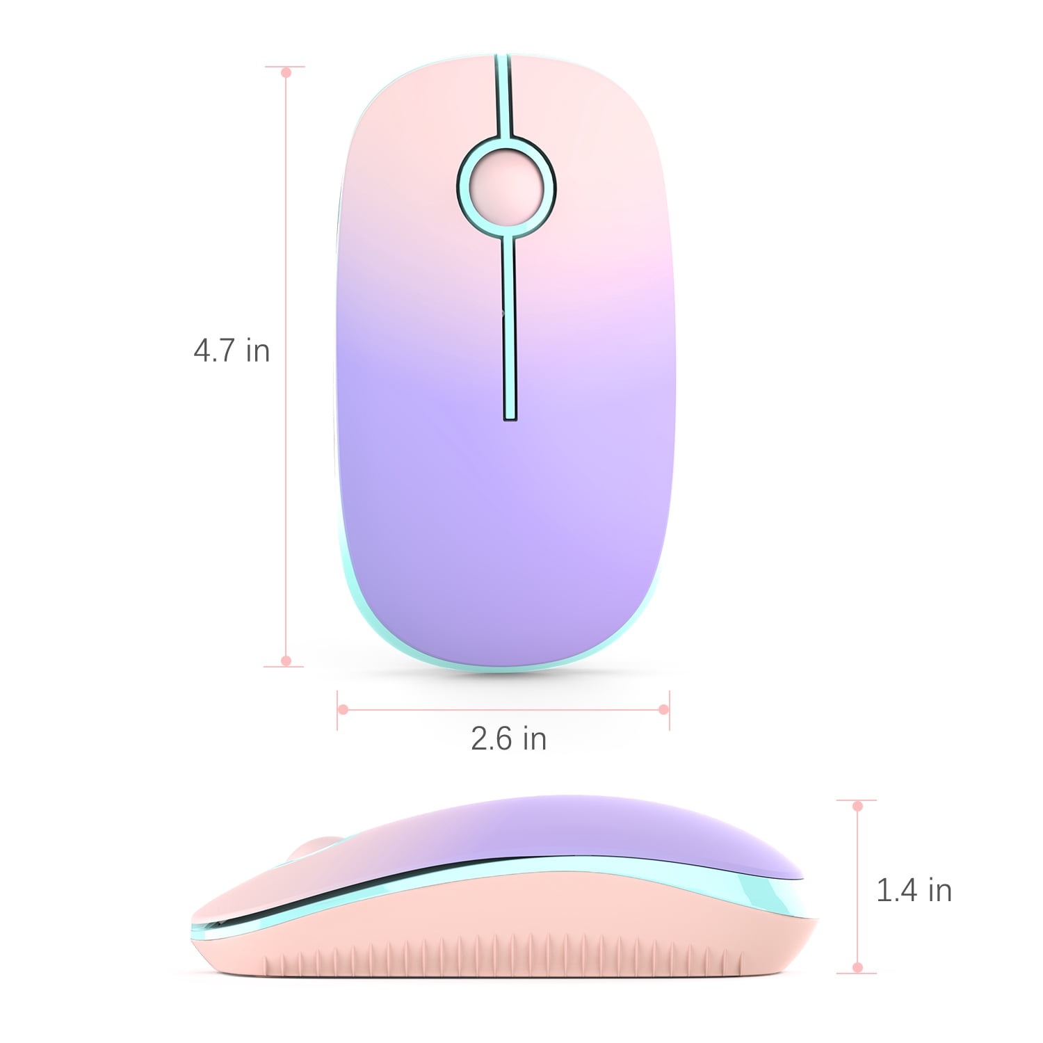 2.4G Slim Wireless Mouse with Nano Receiver, Less Noise, Portable Mobile Optical Mice for Notebook, PC, Laptop, Computer, MacBook MS001 (Pink to Purple)