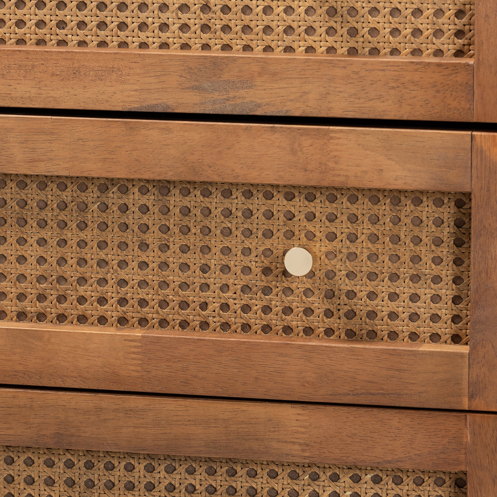 Baxton Studio Ramiel Mid-Century Modern Ash Walnut Finished Wood and Rattan 4-Drawer Chest