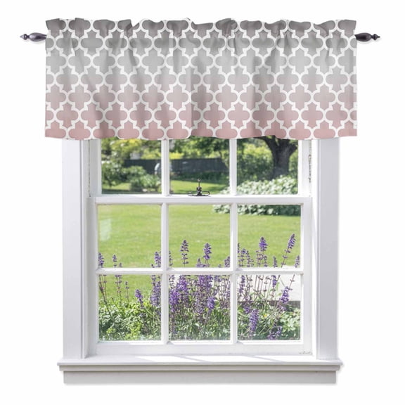 Geometric Moroccan Texture Valances for Windows,Kitchen Valance Rod Pocket Short Curtain, Pink Grey Ombre Art Valance Curtain Window Valances for Bedroom Bathroom Living Room 42x12in