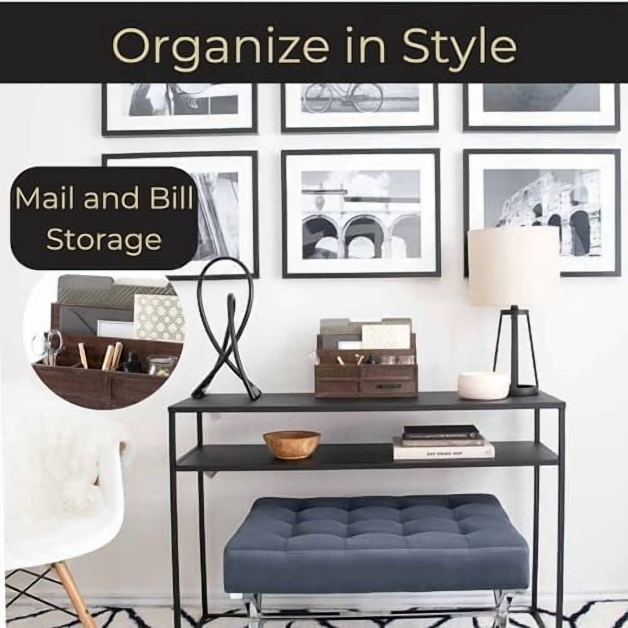 Brown Wood Mail Organizer with Drawer & Pen Holder – Desk Organizer for Bills, Storage, Countertop & Kitchen