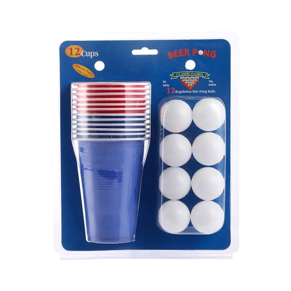 Juego de Beer Pong 24 piezas | Vasos de plástico duraderos azules y rojos de 16 oz con pelotas de ping pong | Juego clásico de beber para adultos | Bar Eventos en el patio trasero | Incluye 12 tazas