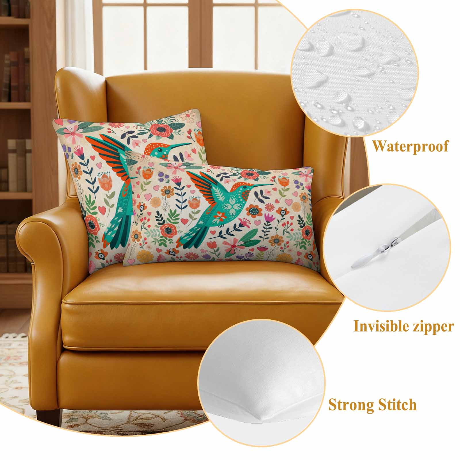 Turquoise Birds Outdoor Waterproof Pillow Covers, Retro Farmhouse Colorful Flowers Herbs Decorative Square Throw Pillowcase Sofa Cushion Sham for Patio/Couch/Chair, 24"x24" 2 Pack