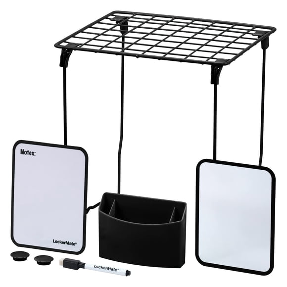 LockerMate - Kit organizador de 7 piezas, incluye estante de casillero, espejo, pizarrón blanca, taza de almacenamiento y marcador de borrado en seco, color negro