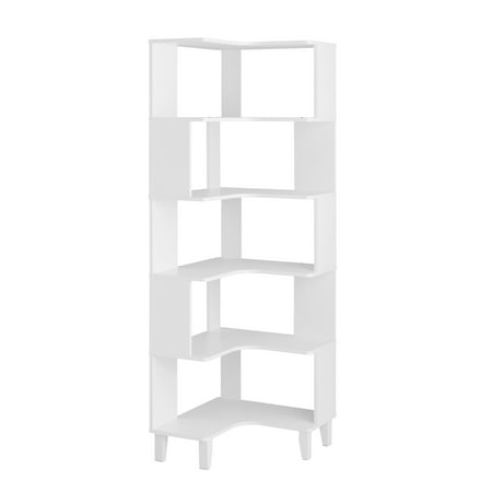 Prepac Nordik 6-Tier White Modern Mid Century Corner Bookcase 71.5 Extra Tall White Corner Shelf with Storage Multifunctional Freestanding Bookshelf for Home Office Living Room Bedroom