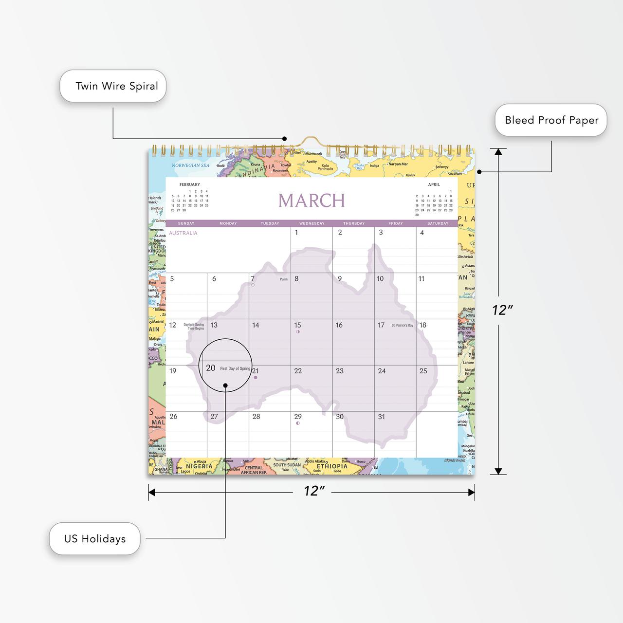 2023-12 Month Calendar- Map design Border-12x12 Spiral bound- by Pen + Gear