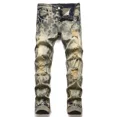 thumbnail image 2 of Chaqueta vaquera ajustada elástica con estampado de moda para hombre, pantalones vaqueros ajustados, pantalones de hip hop con parches de moda, pantalones casuales sueltos, 2 of 3