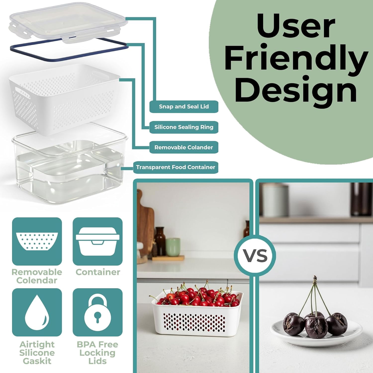 5PCS Food Storage Containers For Fridge With Removable Colander and Lids, Leak Proof Refrigerator Organizers for Vegetable Produce, Keep Berry Fruits Fresh Longer