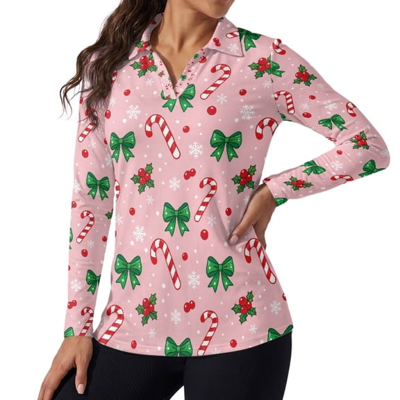 Jeiento Women's V Neck Golf Shirts, Holly Cane Casual Pullover, Long Sleeve Moisture Wicking Sun Protection Shirt for Tennis Walking Daily Wear