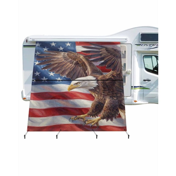 4th of July RV Awning Sun Shade Screen 9'X7' Majestic Bald Eagle Mesh Sunscreen Patriotic American Flag Awning Shade Screen with Zipper UV Blocker Completed Kits for RV Motorhome Camper
