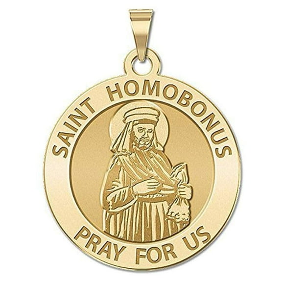 Picturesongold.Com Saint Homobonus Religious Medal Necklace Pendants - 2/3 inch Size of Dime, Solid 14K Yellow Gold