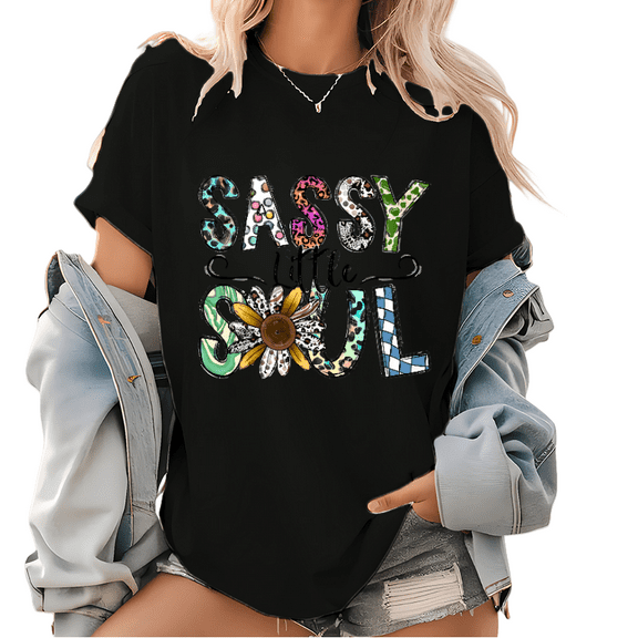 Sassy Little Soul Graphic Tees Western Sassy Little Soul Print T Shirts Western Design Tops for Daily Outfits Black,4XL