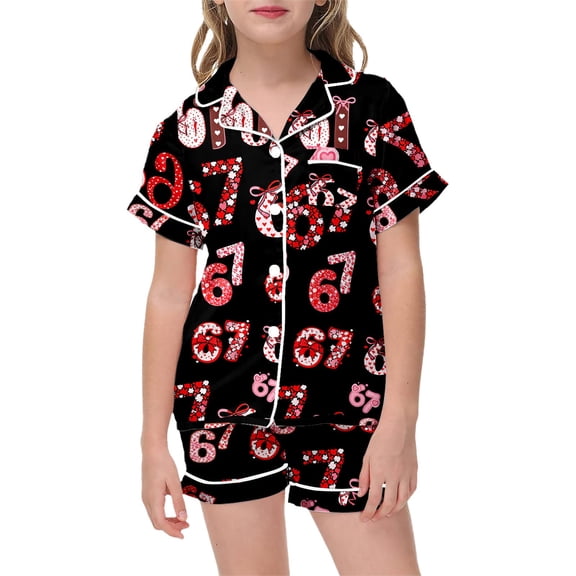XUELUO Little Girls Casual Outfit Set Short Sleeve Lapel Collar Number 67 Print Tops Shorts Summer Stylish 2-Piece Loungewear