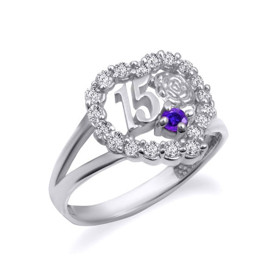 .925 Sterling Silver 15 Años February Ametyst Cubic Zirconia Heart Rose Flower Quinceañera Ring (Size 7)