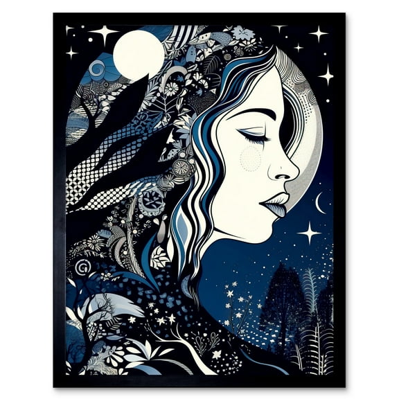 New Moon Goddess Winter Moonlit Witchy Forest Starry Night Mother Nature Boho Patterns Art Print Framed Poster Wall Decor 12x16 inch