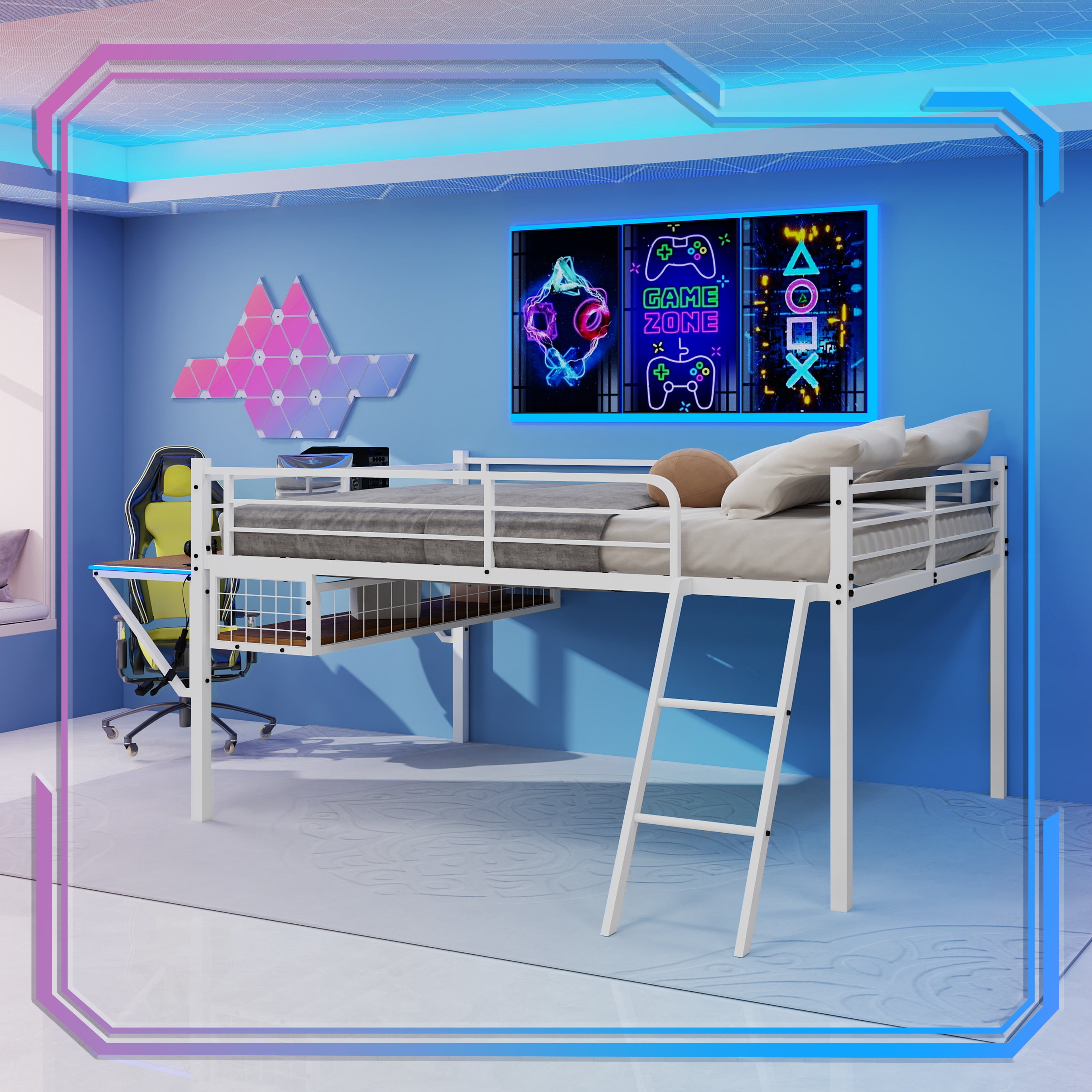 Mintazer Full Size Metal Loft Bed with Desk & LED Light, Loft Bed Frame with Guardrails and Ladder for Kids Teens Bedroom Dorm Apartment, White