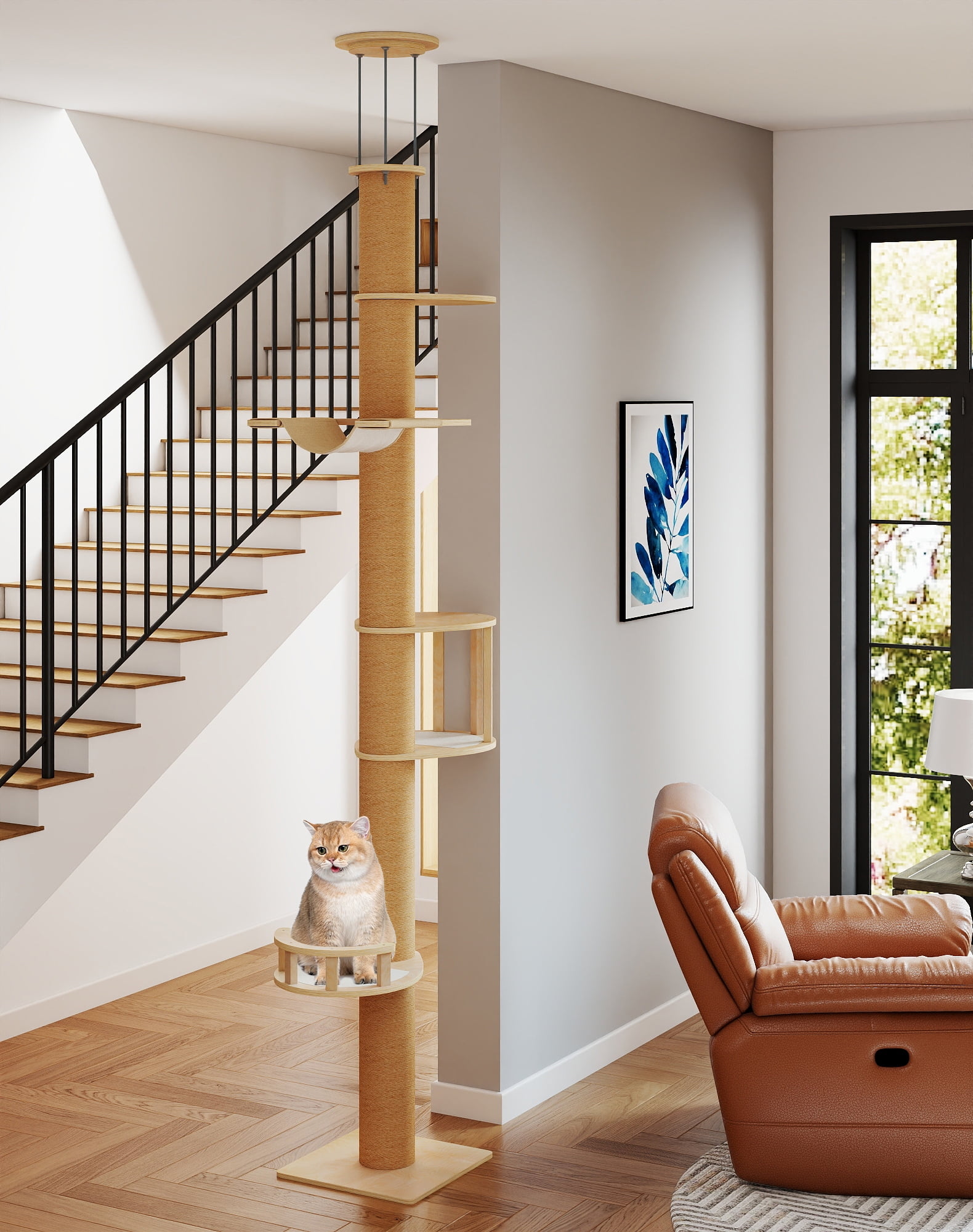 COZIWOW Floor-to-Ceiling Cat Tree, adjustable (89-112 inches), sturdy 5-tier tower for large cats. Features 4.33" scratching posts, hammock, platforms. Saves space, enriches indoor play.