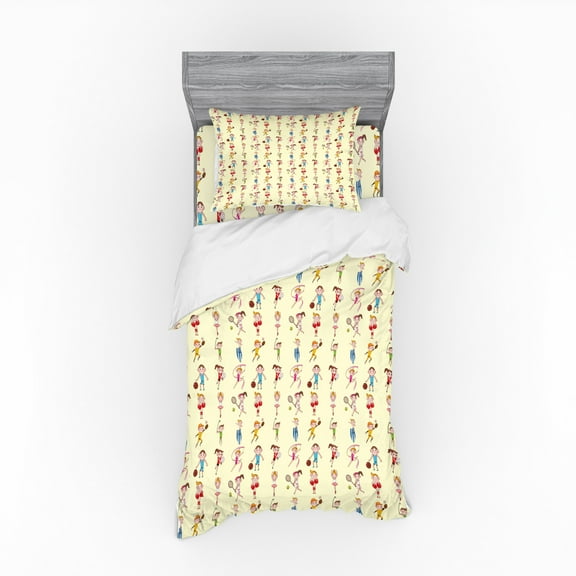 Sports Duvet Cover Set, Little Athletes Surfing Girls Playing Tennis Boys Boxing Ballerina Nursery, Bedding Set with Shams and Fitted Sheet, 3 Sizes, by Ambesonne