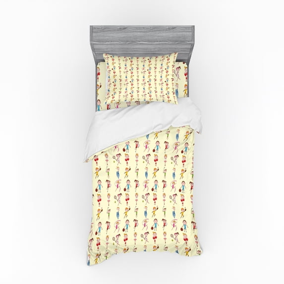 Sports Duvet Cover Set, Little Athletes Surfing Girls Playing Tennis Boys Boxing Ballerina Nursery, Bedding Set with Shams and Fitted Sheet, 3 Sizes, by Ambesonne