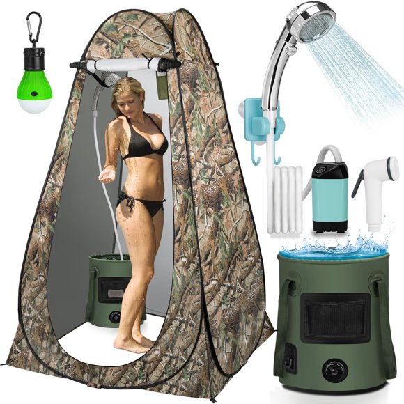 Kit de Ducha Portátil para Camping Thallike con Tienda de Privacidad y Luces LED