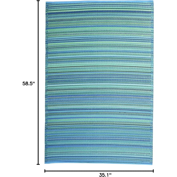 Outdoor Rug - Waterproof, Fade Resistant, Crease-Free - Premium Plastic - Striped - Porch, Deck, Balcony, Laundry Room, - Cancun - Turquoise & Moss Green - 3 x 5 ft