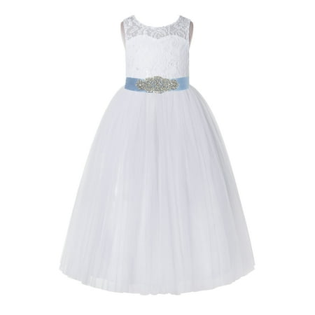 

White Floral Lace Neck A-Line Keyhole Back Flower Girl Dress Pretty Princess 178R3