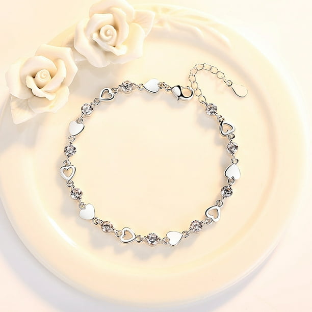 Pulsera Con Dije De Corazón De Cristal Pulsera De Eslabones De Corazón De Moda De Plata De Ley 925 Para Mujeres Y Niñas - Plata Muyoka Hogar