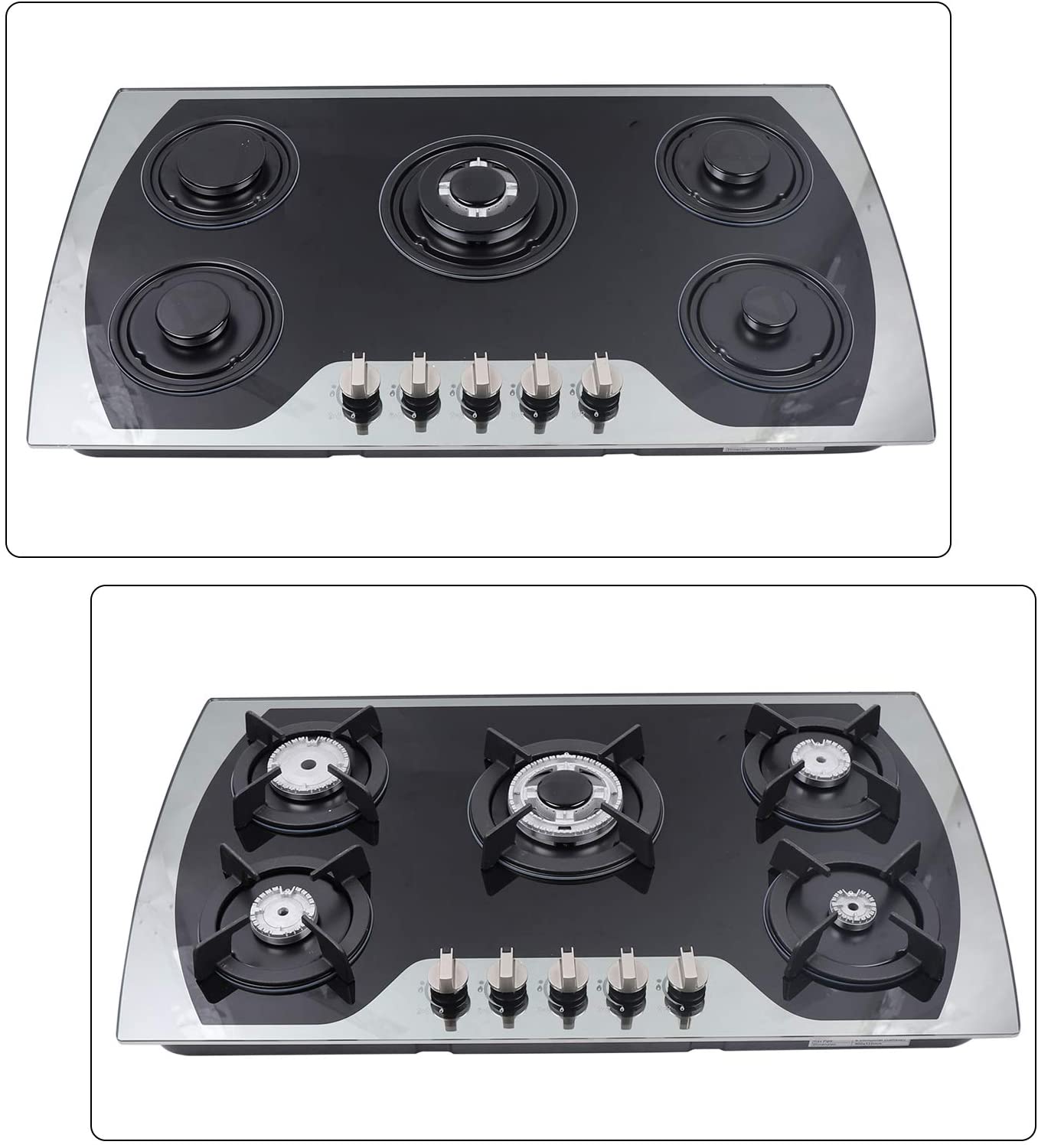 Fetcoi, Gas Cooktop 35.4" Tempered Glass LPG/NG Gas Built in 5 Burner Gas Stove Iron Grate Stove Hob Cooktop Tempered Glass Fuel