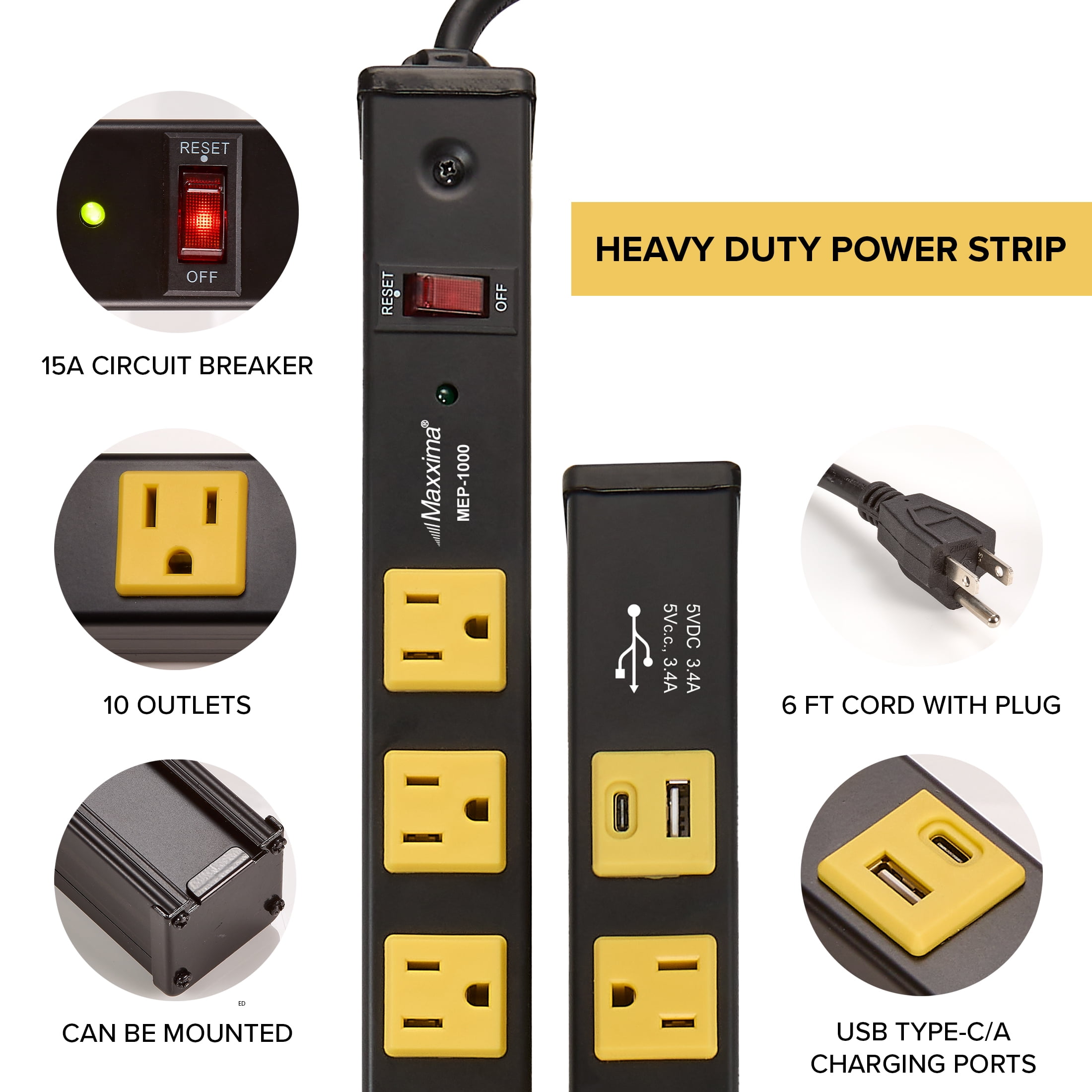 Maxxima 10 Outlet Heavy Duty Power Strip with USB Type-C/A Charging Ports, 1000J Surge Protection, 6ft. Extension Cord, 15A