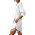 thumbnail image 6 of Fesfesfes Women's Tassel Hem Beach Cover Up Button Down Shirt Dress Oversized 3/4 Sleeve Swimsuit Cover Up Vacation Resort Wear Summer Bikini Beach Dress, 6 of 7