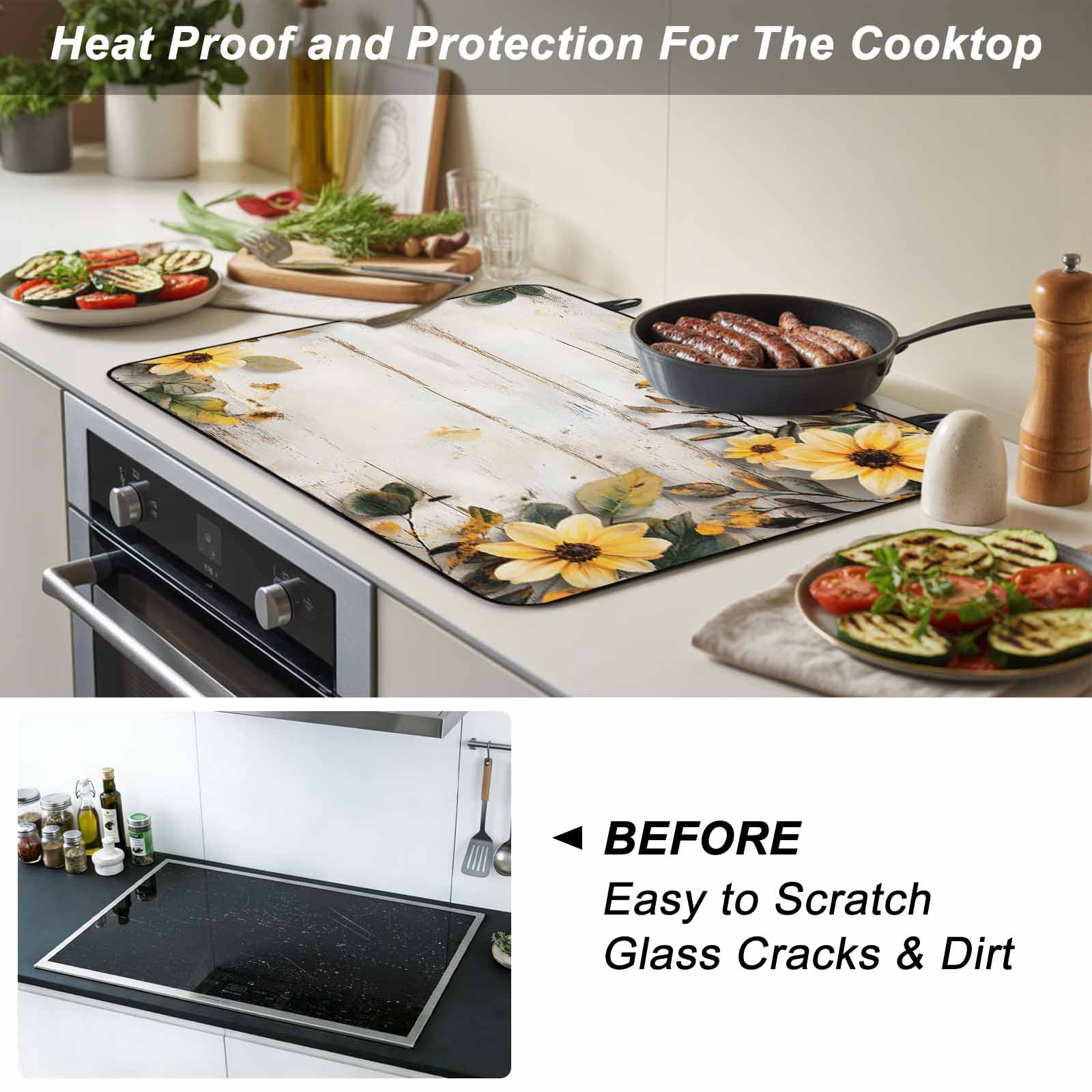 Yellow Floral Spring Stove Top Cover for Electric Stove, Heat-proof & Non Slip Glass Top Stove Cover Protector, Vintage Summer Botanical Kitchen Flat Cooktop Rubber Mat 24x21 Inches