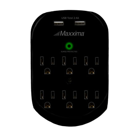 

Maxxima 6 Outlet Dual USB 2.4A Grounded Plug Adapter 490 Joules Surge Protection Black