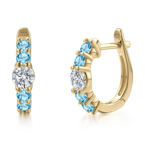 Gem Stone King 10K Yellow Gold Lab Grown Diamond and Swiss Blue Topaz Hoop Earrings for Women | 1.18 Cttw | Gemstone April Birthstone | Round 4MM