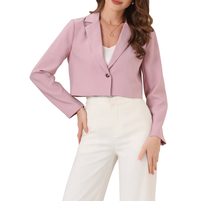 BLAZER CORTO DE NEGOCIOS PARA MUJERES CON MANGAS LARGAS Y DELANTERO ABIERTOS, CON SOLAPA EN V, COLOR ROSA