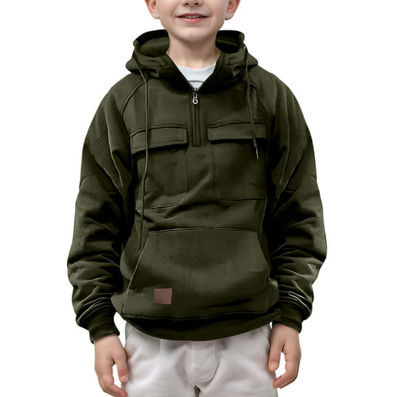 Efsteb Boys Sweatshirts Comfy Half Zip Hooded Sweatshirt Drawstring Long Sleeve Tops Cute Tops Solid Color Loose Fashion Casual Pullover (Army Green,7 Years)